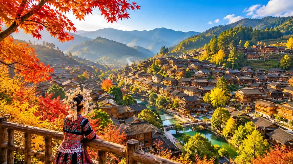 Xijiang Qianhu Miao Village din China atrage călătorii de toamnă cu bilete accesibile și scenă